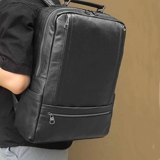 Black Leather Backpack – 17" Laptop Travel & School Rucksack
